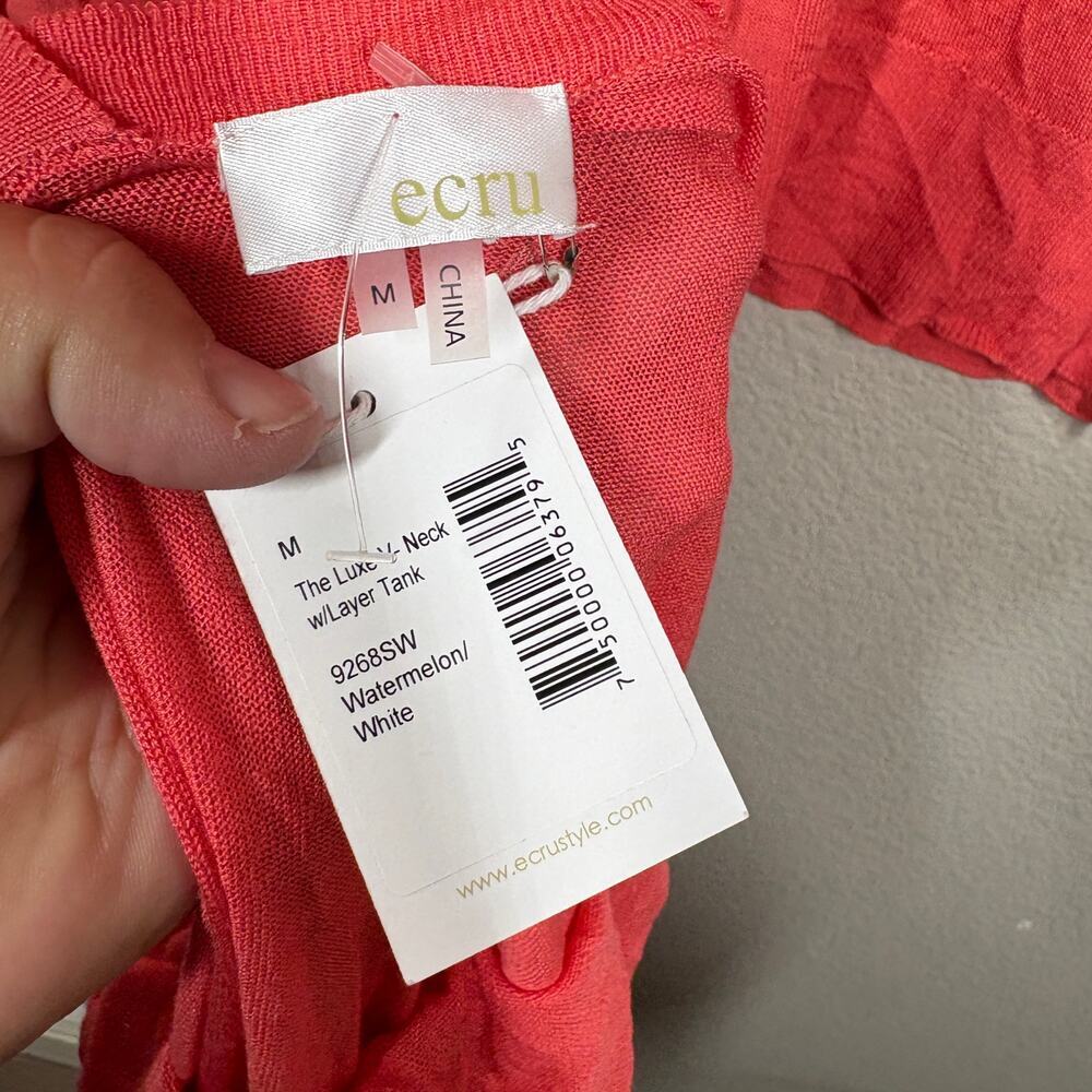 Ecru Medium V Neck Lightweight Sweater Watermelon Red Cotton Blend Long Sleeves - Picture 8 of 8